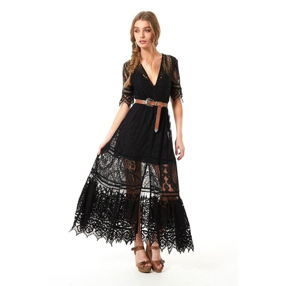 NWT SPELL Rhiannon Gown in Black Sheer Lace Button Front Shirt Dress M